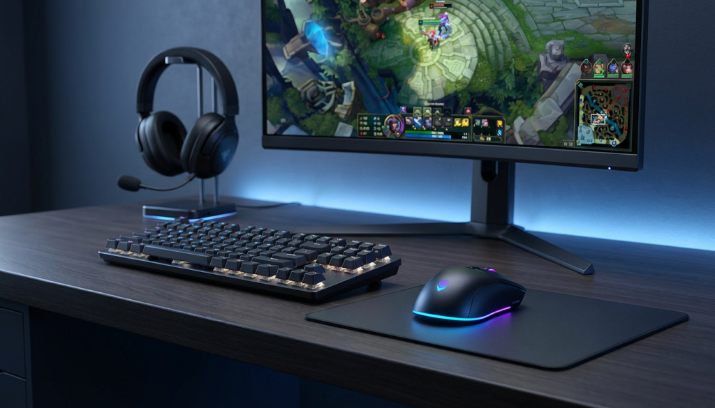 Gaming desk setup with mechanical keyboard, RGB mouse, headset, and monitor displaying an online multiplayer game