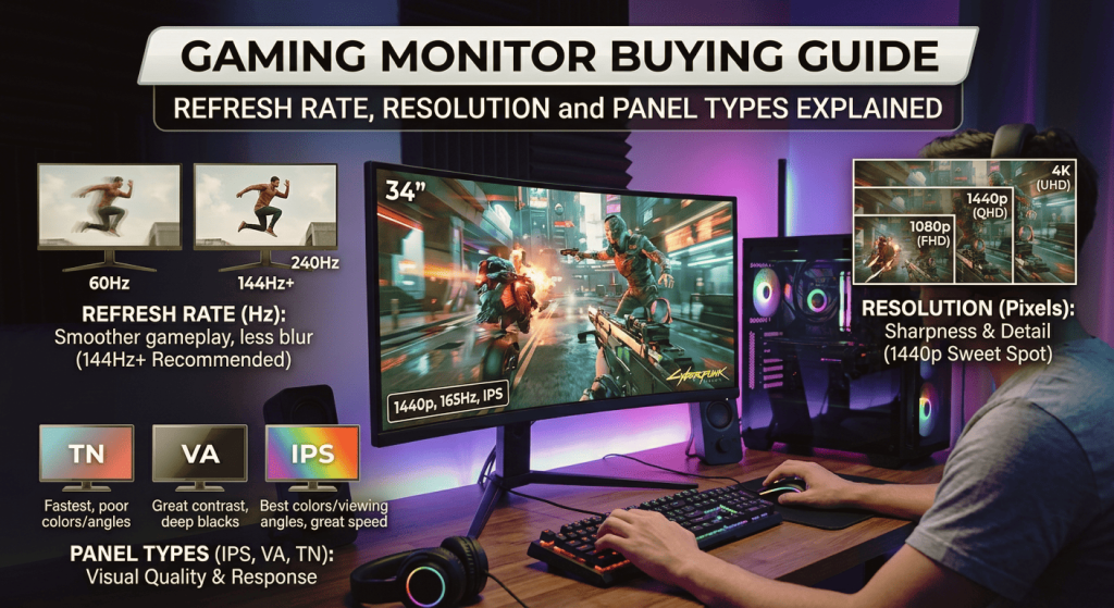 A comprehensive gaming monitor buying guide infographic with a person playing a video game on a central monitor displaying 1440p, 165Hz, IPS specs. Side panels compare 60Hz and 144Hz+ refresh rates with motion examples, detail resolutions from 1080p to 4K UHD showing a '1440p Sweet Spot' recommendation, and explain the performance trade-offs between TN, VA, and IPS panel types for competitive advantages in visual quality and response time
