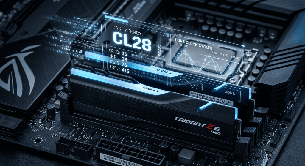 High-performance DDR5 RAM modules on a motherboard, with glowing holographic overlays displaying advanced memory timings like CAS Latency (CL28) for PC performance optimization